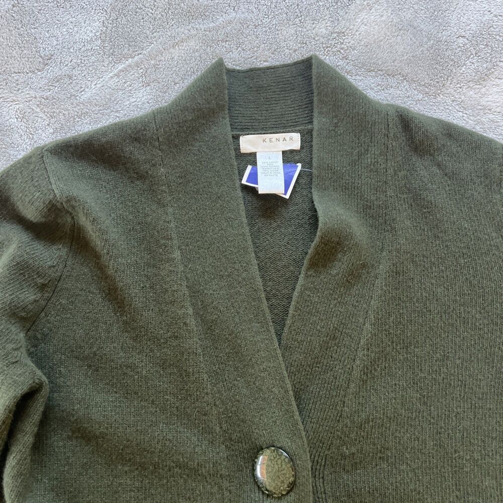 Kenar Cardigan Sweater Size Large Green Lambswool Angora Nylon Single Button - Picture 5 of 11